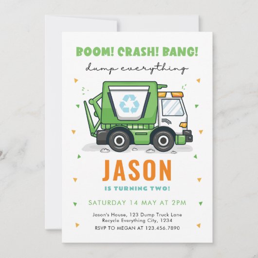 Vuilniswagen Verjaardag Uitnodiging Vuilnisfeest (Voorkant)