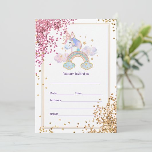 Vul de Uitnodiging van Unicorn in (Staand voorkant)