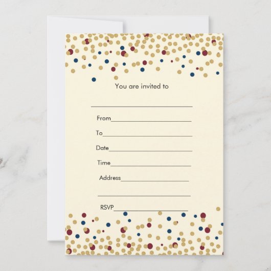 Vul uitnodiging confetti goud navy burgundy (Voorkant)