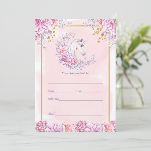 Vul uitnodiging waterverf bloemenkroon eenhoorn in (Staand voorkant)