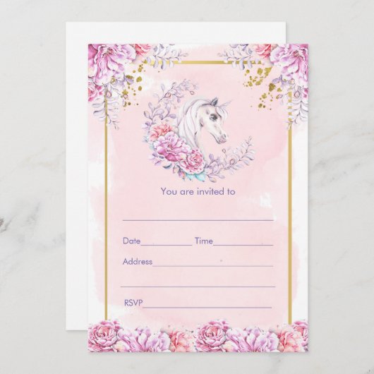 Vul uitnodiging waterverf bloemenkroon eenhoorn in (Voorkant / Achterkant)