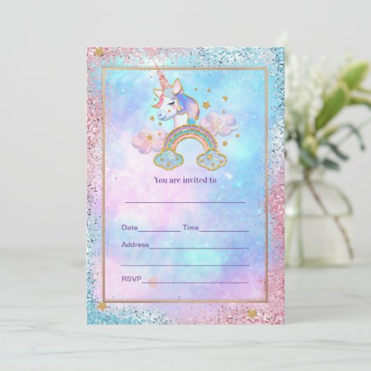 Vul Unicorn uitnodiging in (Staand voorkant)