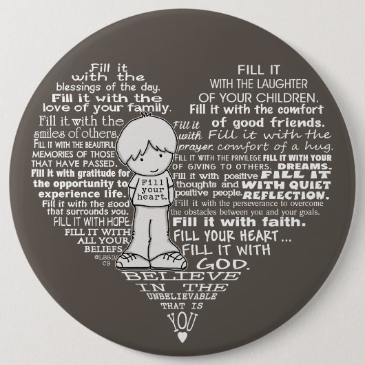 Vul uw hartwitte letters/donkerbruin ronde button 6,0 cm (Voorkant)