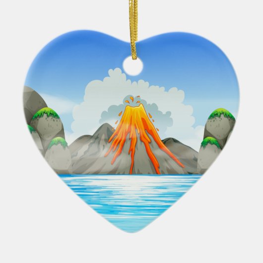 Vulkaanuitbarsting in het meer keramisch ornament (Voorkant)