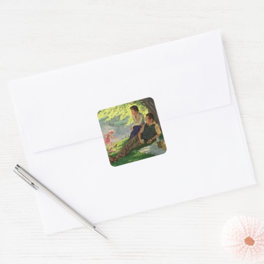  vun Familie Picnic onder een schaduwboom Vierkante Sticker (Envelop)