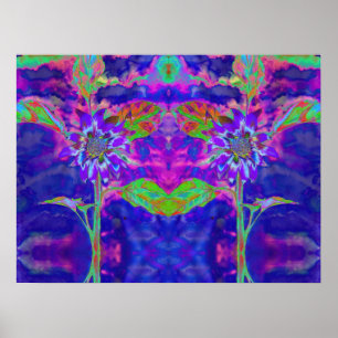 Vun in de zon, blauwe paarse abstracte zonnebloem poster