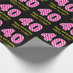 vun. roze strips "40"; Happy 40th Birthday; Naam Cadeaupapier