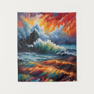 Vurig Oceaan Storm - Abstracte Zeegezicht Kunst Wandkleed