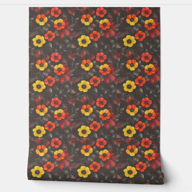 Vurige bloemen op een donkere achtergrond behang (Afrollen)
