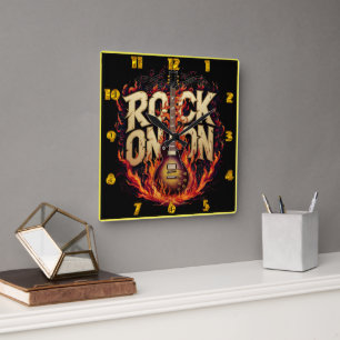 Vurige gitaar kunstwerk met rock-thema design vierkante klok