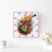 Vurige gitaar tussen vlammen en schaduwen vierkante klok (Huis)