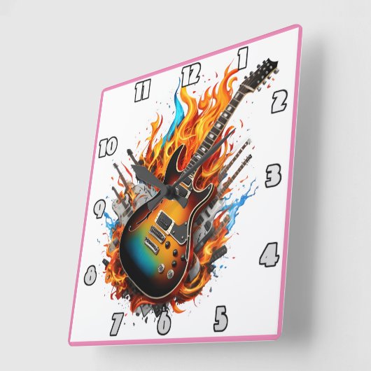 Vurige gitaar tussen vlammen en schaduwen vierkante klok (Hoek)