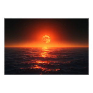 Vurige maan boven rustige oceaan fantasie zonsonde foto afdruk
