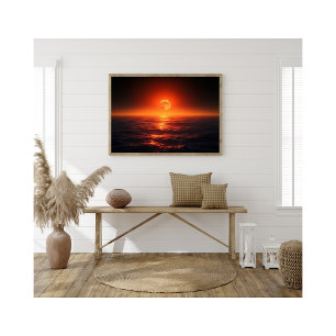 Vurige maan boven rustige oceaan fantasie zonsonde foto afdruk