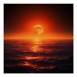 Vurige maan boven rustige oceaan fantasie zonsonde perfect poster