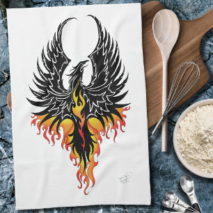 Vurige Phoenix Rijzende Vuurvogel Zwarte Stam Vlam Theedoek