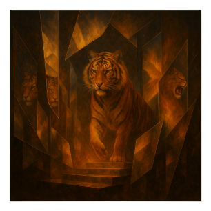 Vurige Tijger in een Gebroken Spiegeldoolhof – Geo Perfect Poster