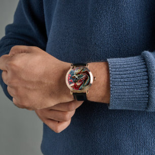 Vuur ademende draak goud blauw en rode schubben horloge