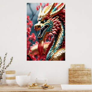 Vuur ademende draak gouden hoofd poster