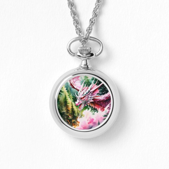 Vuur ademende draak levendige roze schalen horloge (Voorkant)