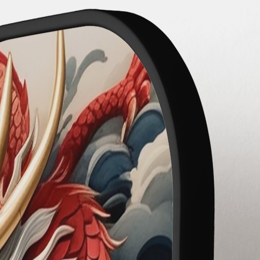 Vuur ademende draak rode en witte schaal pickleball paddle (Links Detail)