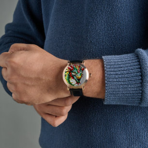 Vuur ademende draak rood, groen en gele schaal horloge