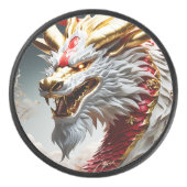 Vuur ademende draak rood wit en goud schubben hockey puck (Voorkant)