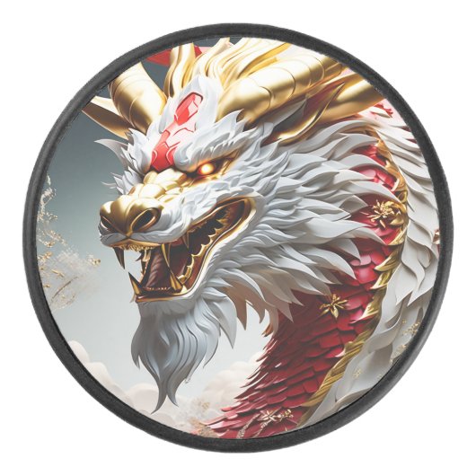 Vuur ademende draak rood wit en goud schubben hockey puck (Voorkant)