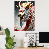 Vuur ademende draak rood wit en goud schubben poster (Thuiskantoor)