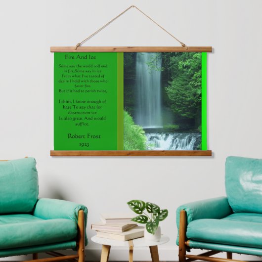 Vuur en ijs met waterval in het groene bos hangend wandkleed (Woonkamer)