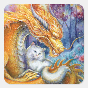 Vuurdraak en witte kat in mystieke bos vierkante sticker
