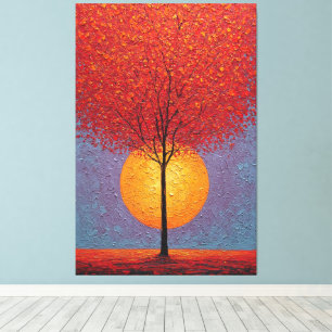 Vuurrode Boom met Gouden Zon Textuur Abstract Canvas Afdruk