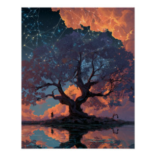 Vuurrode Zonsondergang Boom Reflectie Fantasie Kun Perfect Poster