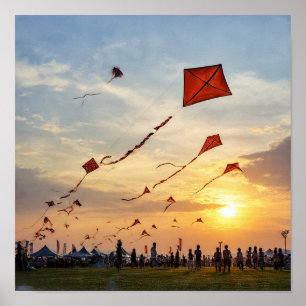 Vuurrode Zonsondergang Vliegers - Festival Silhoue Poster