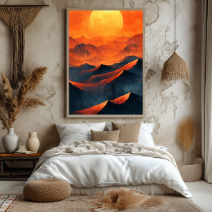 Vuurrode Zonsondergangsbergen in Monochroom Oranje Poster