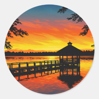 Vuurrood meer zonsondergang met steiger ronde sticker