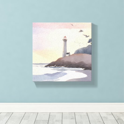 vuurtoren aan de kust | Strand Waterverf schilderi Canvas Afdruk (Insitu (Houten vloer))