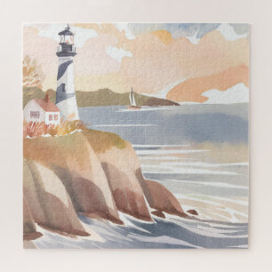 Vuurtoren aan de kust   Waterverf Oceaan Legpuzzel