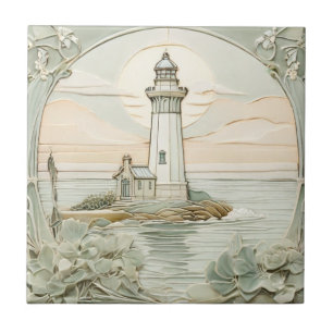 Vuurtoren Art Nouveau Faux Relief Pastel Mint Tegeltje