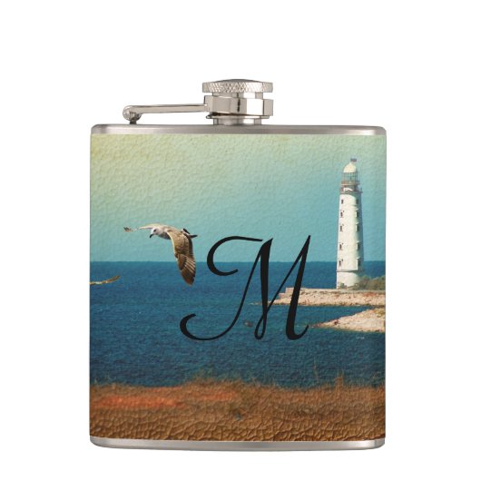 Vuurtoren Beach Scene Monogram Whiskey Flask Heupfles (Voorkant)