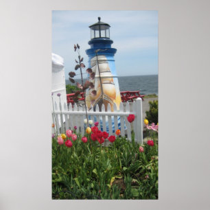 Vuurtoren, bloemen en oceaandruk poster