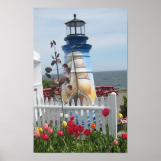 Vuurtoren, bloemen & oceaanprint poster