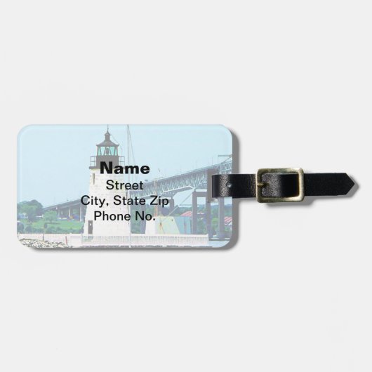 Vuurtoren, brug en boten, Newport, RI Bagagelabel (Voorkant horizontaal)