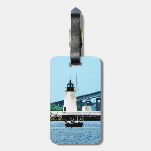 Vuurtoren, brug en boten, Newport, RI Bagagelabel (Achterkant verticaal)