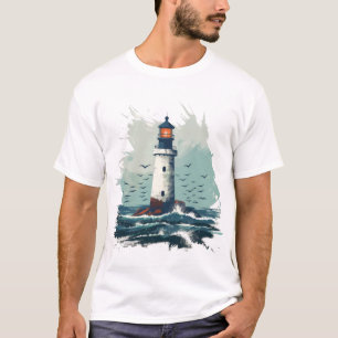 Vuurtoren die over golven schijnt - Minimalistisch T-shirt