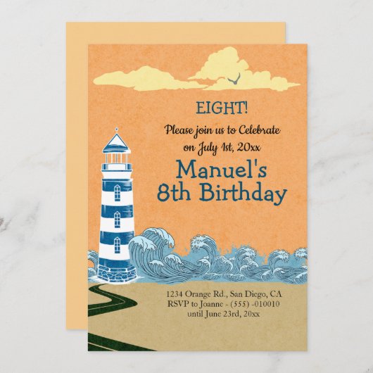 Vuurtoren door het Zee Verjaardagsfeest Kaart (Voorkant / Achterkant)