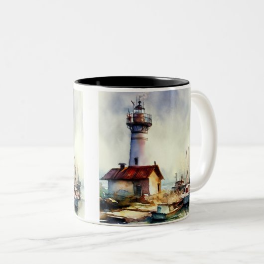 Vuurtoren en boten van Maine Waterverf Art Tweekleurige Koffiemok (Voorkant rechts)
