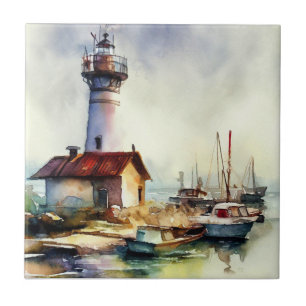 Vuurtoren en boten Waterverf Kunst Tegeltje