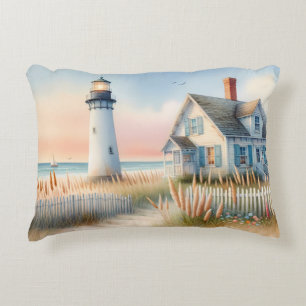 Vuurtoren en cottage aan zee aquarel scène accent kussen