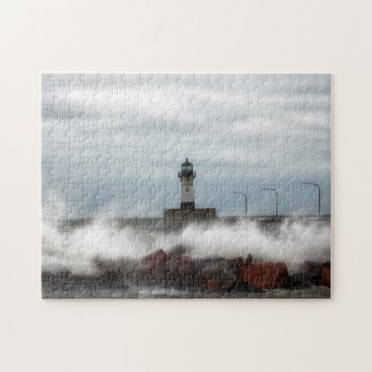 Vuurtoren en golven Duluth Minnesota legpuzzel (Horizontaal)